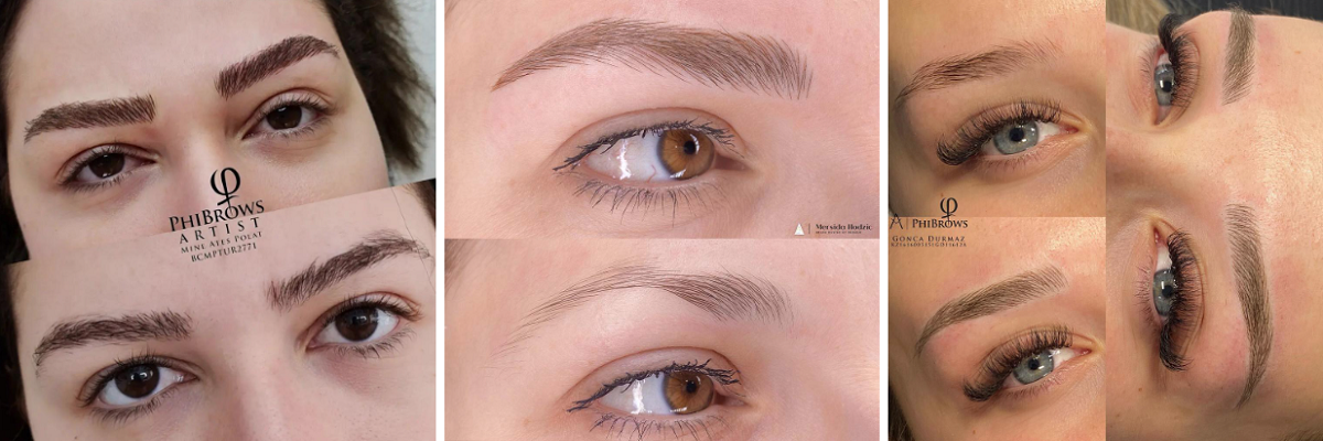 Raster zeigt Microblading-Ergebnisse mit Brown 2 Pigment auf Augenbrauen bei 3 Frauen