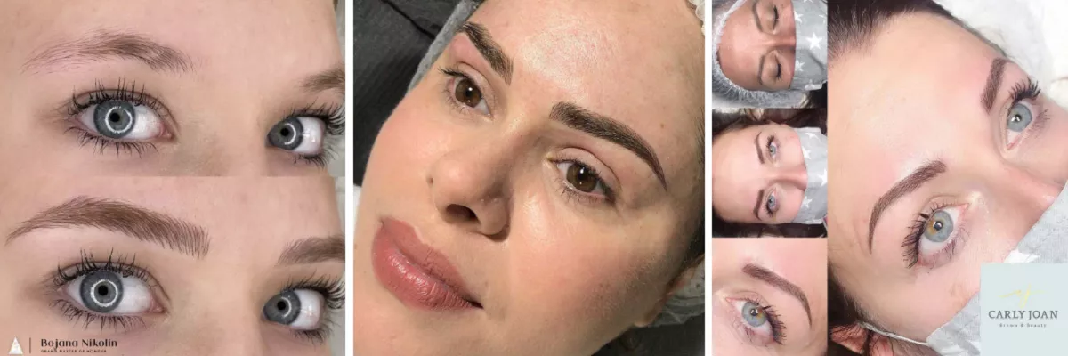 Grid showing microblading results of using Brown 1 Pigment shades on eyebrows on 3 women