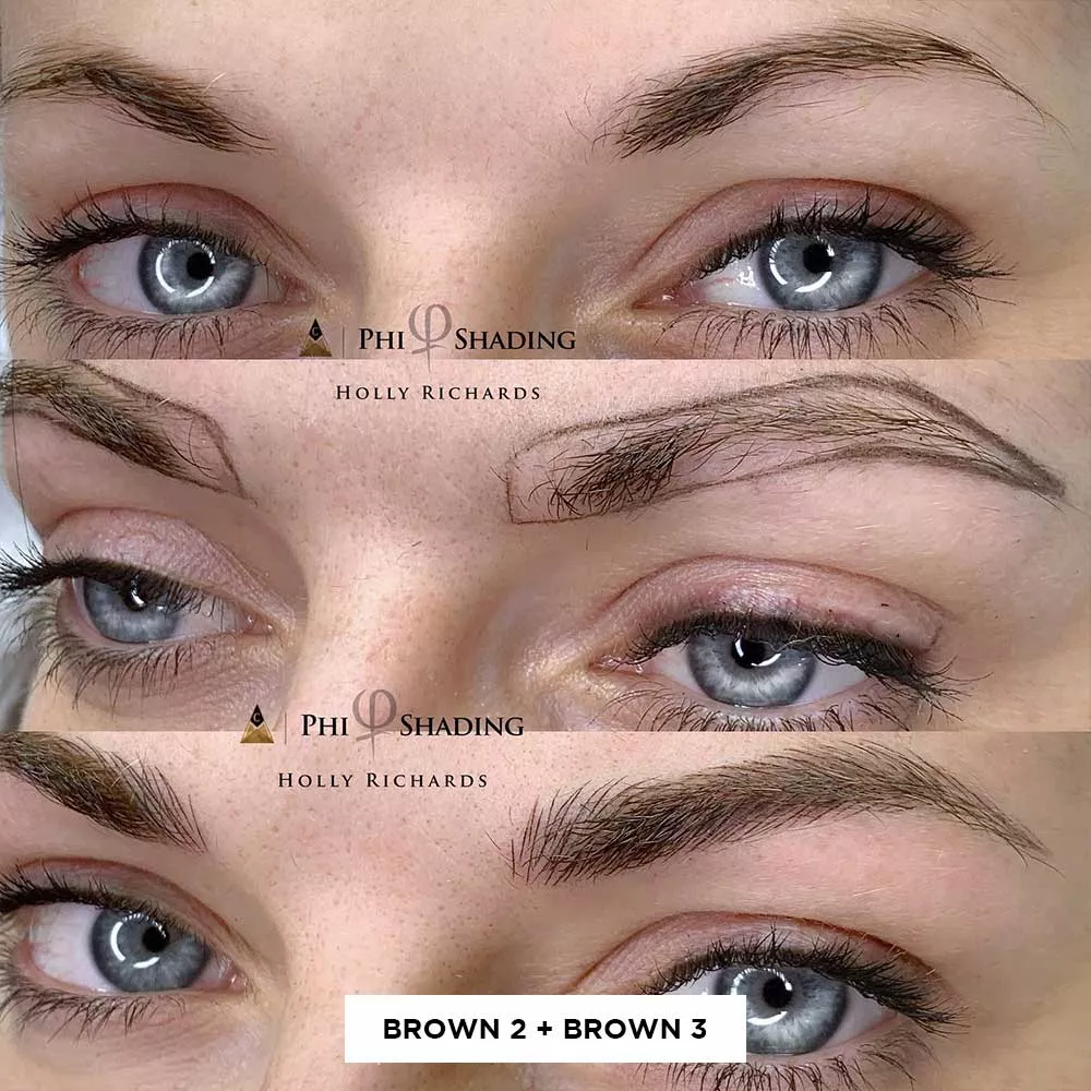 Grid showing before and after microblading results of mixing Brown 2 and Brown 3 on woman with blue eyes