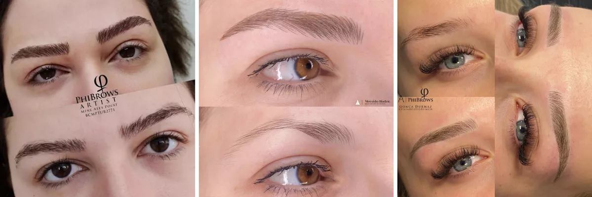 Griglia che mostra i risultati di microblading usando il pigmento Brown 2 su sopracciglia di 3 donne