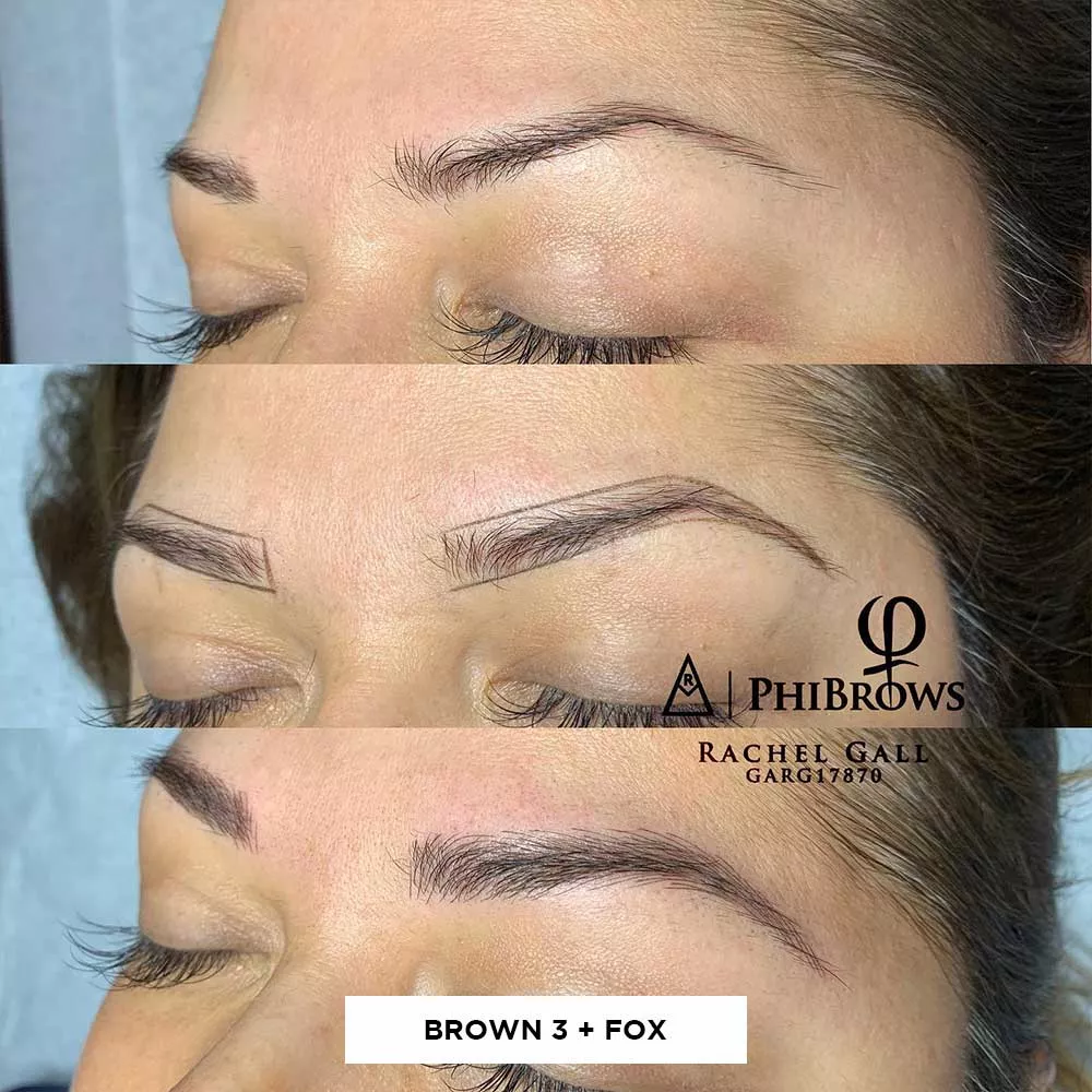 Griglia che mostra i risultati di microblading prima e dopo la miscelazione di Brown 3 e Fox