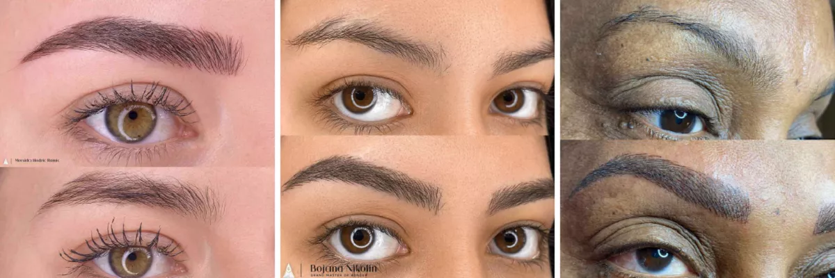 Grid showing microblading results of using Brown 3 Pigment on eyebrows on 3 different women 