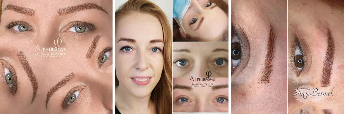 Row showing eyebrow microblading results after using Fox Pigment on 3 different women