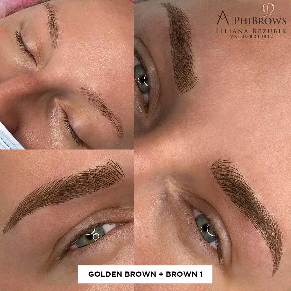 Grid showing microblading results of mixing Brown 1 and Golden Brown on woman with green eyes 