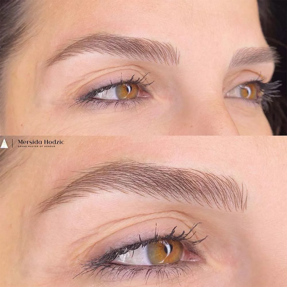 avant et après un traitement des sourcils utilisant le phi super pigment dans la teinte brun 2